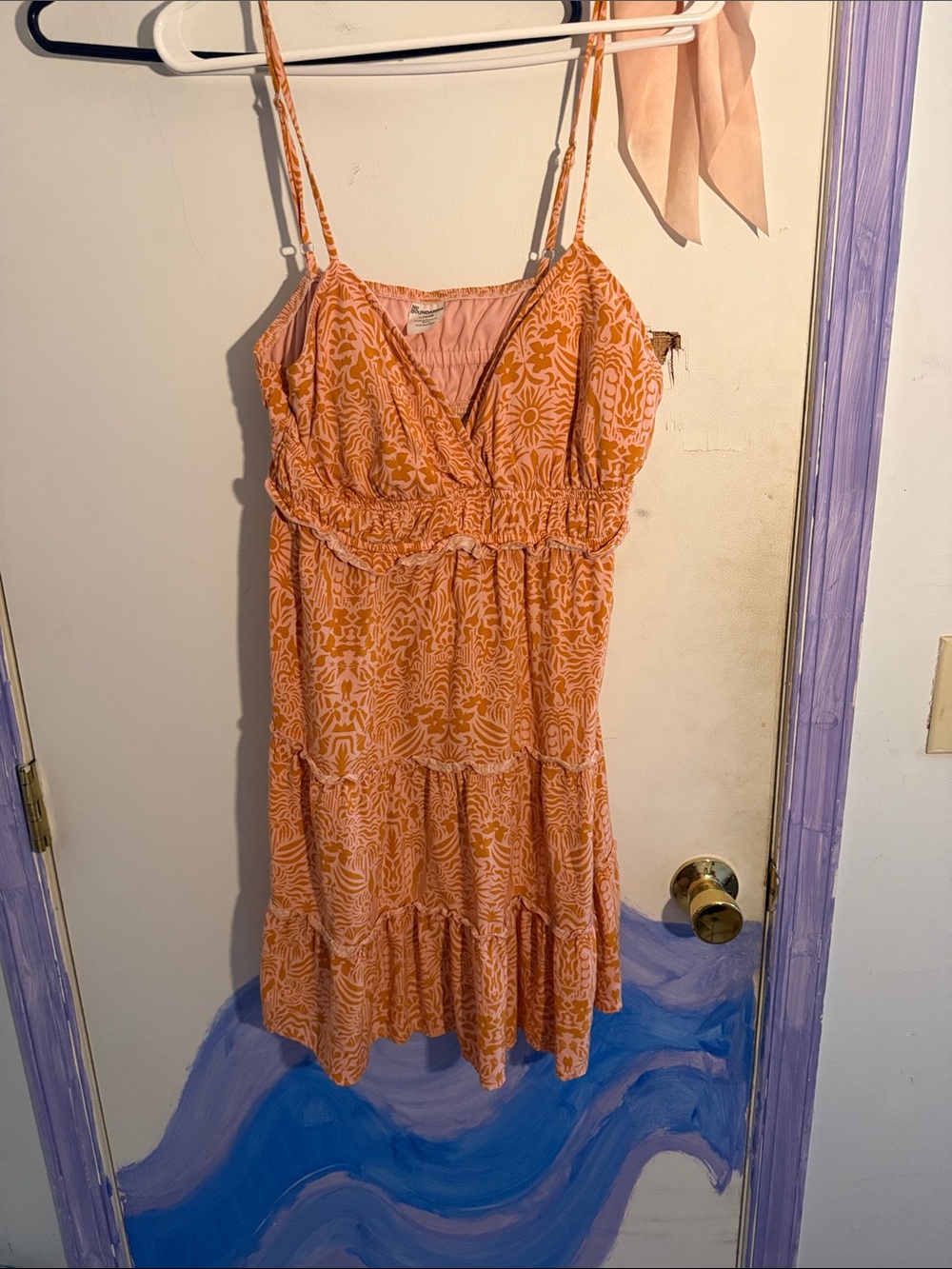 No Boundaries Peach-Orange Printed Spaghetti-Strap Mini Dress